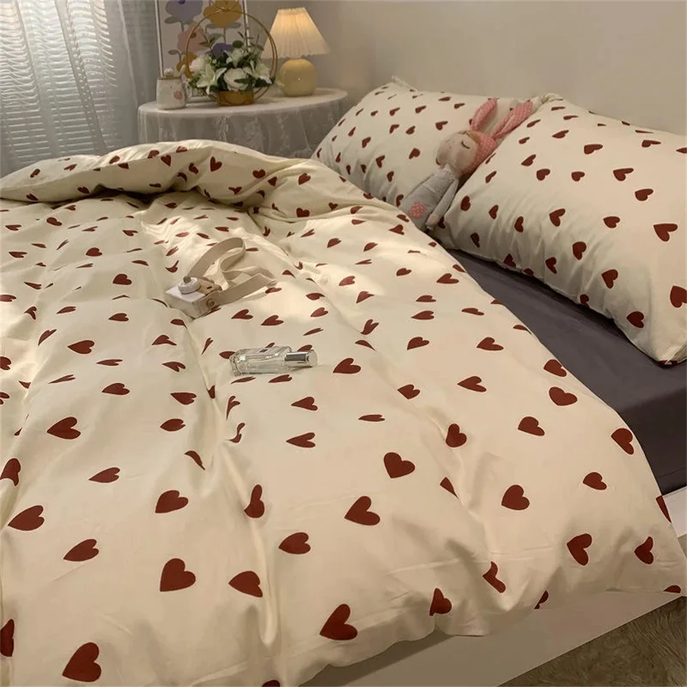Korean Style Bedding Set Kid Adult Twin Full Queen Size Bed Flat Sheet Set Pillowcase Bed Linen Love Heart Duvet Cover