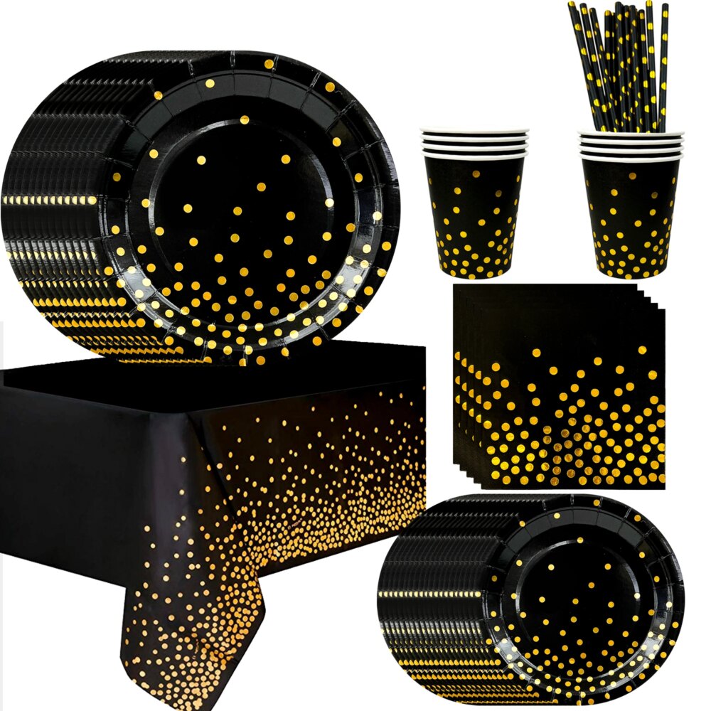 Black Gold Party Tableware,121pcs Black and Gold Dot Paper Tableware Set-Black and Gold Paper Plates and Cups Napkins Tablecloth