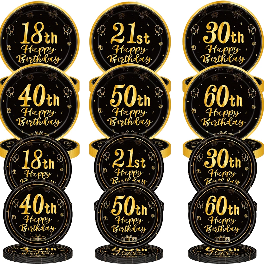 8/40pcs 7inch and 9inch Black and Gold Happy Birthday Disposable Paper Plates Birthday Party Decor Supplies Dessert/Salad Plates