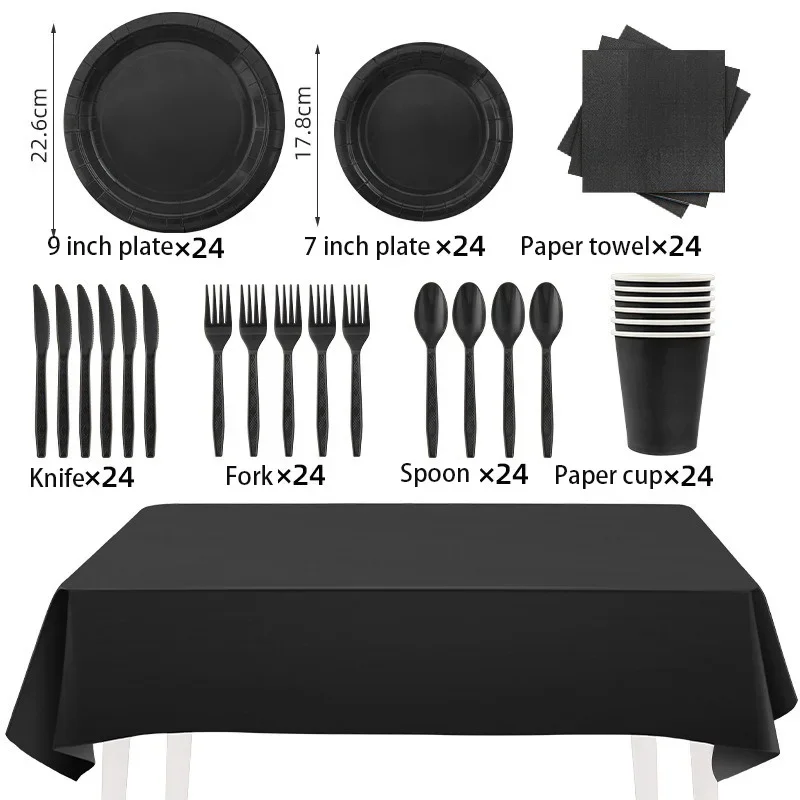 Solid Black Theme Tableware Birthday Party Disposable Cutlery Paper Napkins Cups Plates Tablecloths Fork Spoon Party Decorations