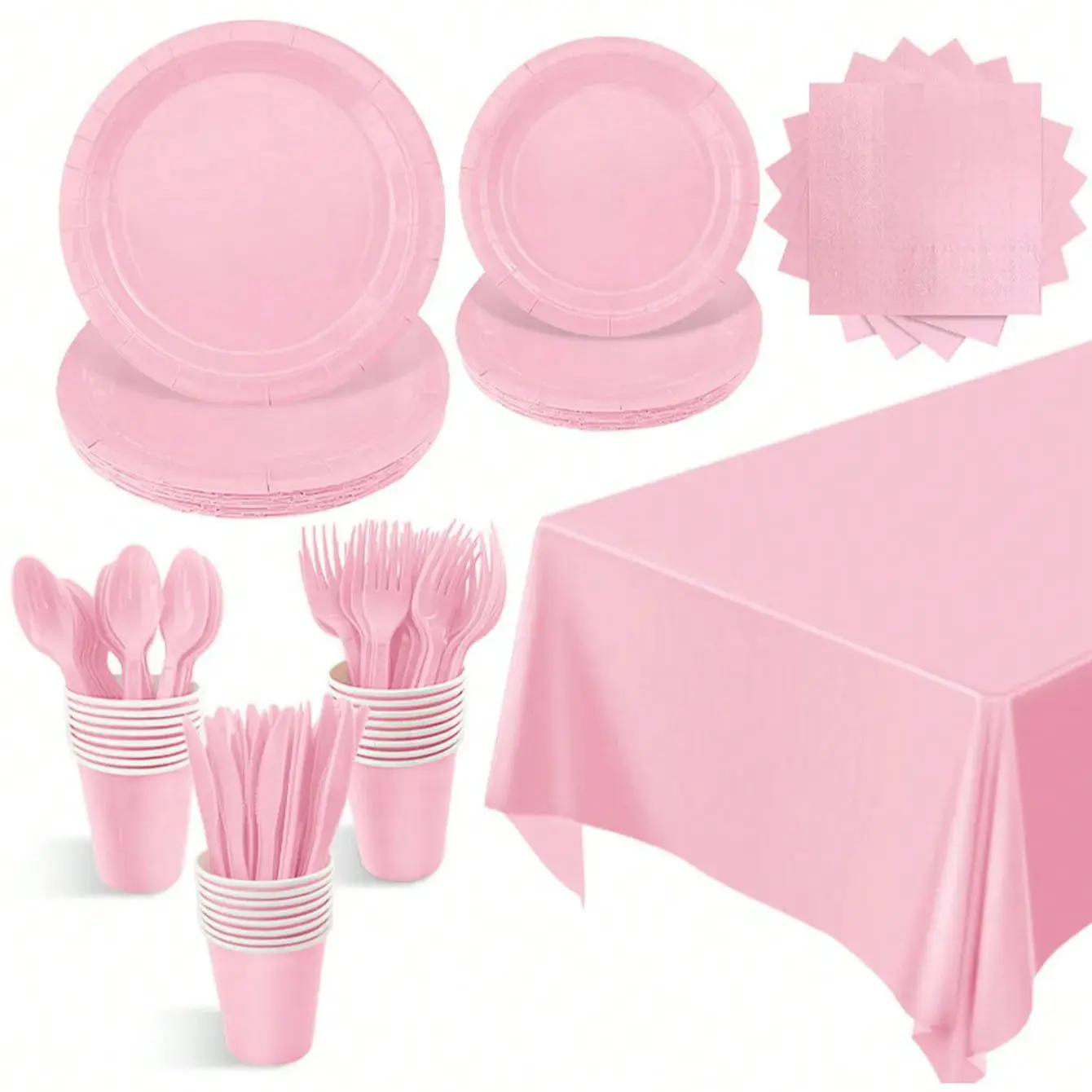 Pink Party Supplies Set Include Paper Plastic Spoons Forks Knives 9/7 Inch Disposable Dinner Dessert Plates