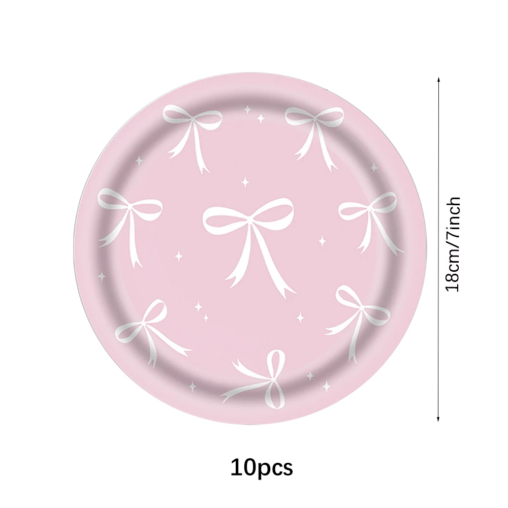 Pink bow Birthday Disposable Tableware Set Paper Plates Cups Napkins Girls Party Decoration Supplies - Image 5