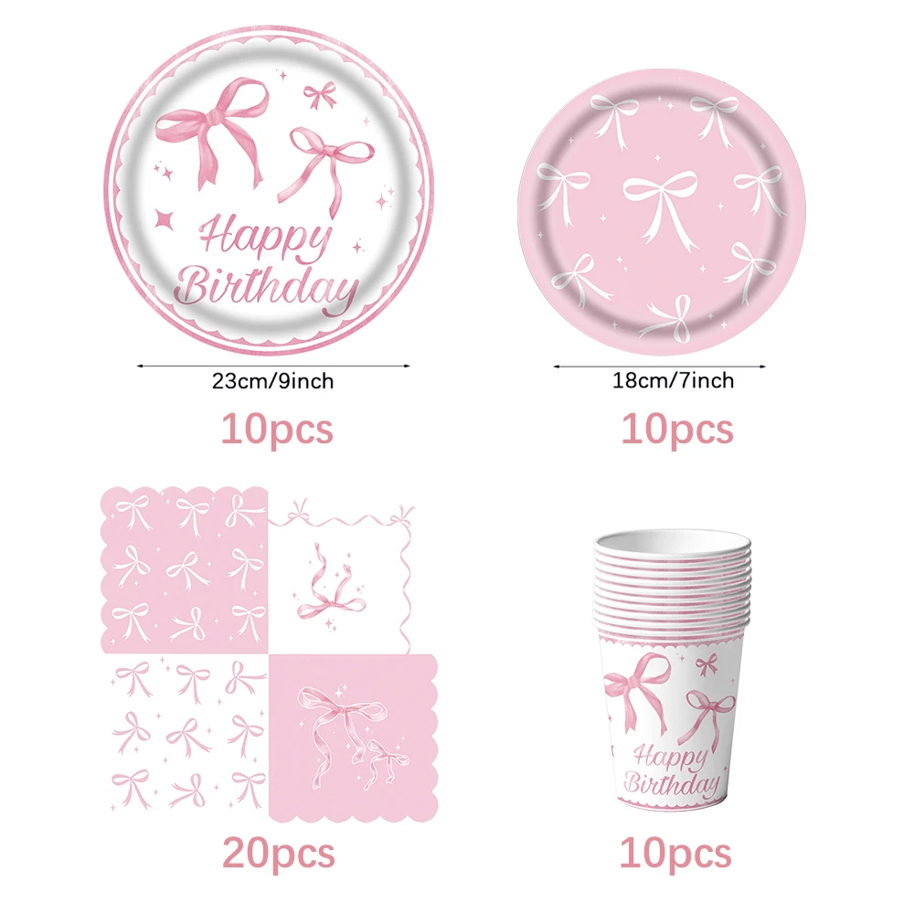 Pink bow Birthday Disposable Tableware Set Paper Plates Cups Napkins Girls Party Decoration Supplies - Image 4