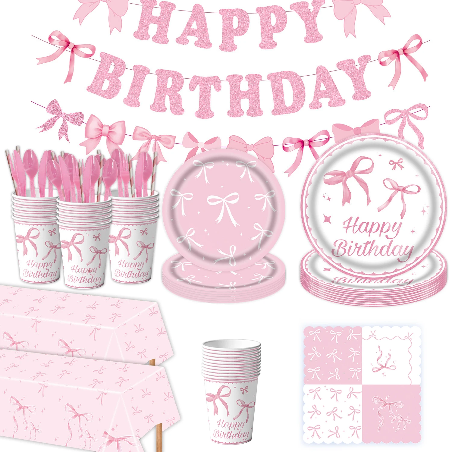 Pink bow Birthday Disposable Tableware Set Paper Plates Cups Napkins Girls Party Decoration Supplies - Image 3