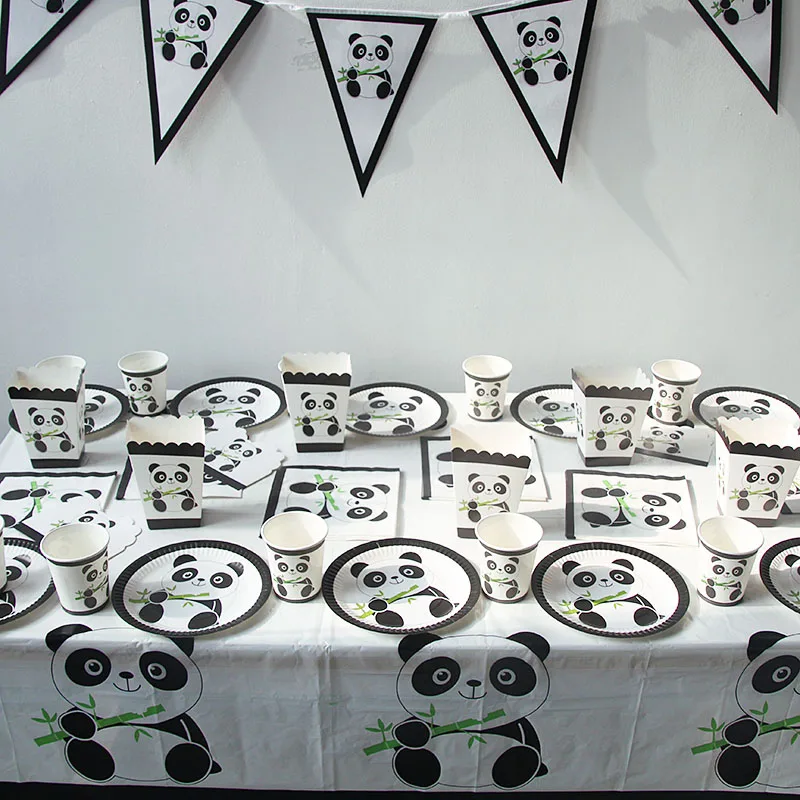 Panda Disposable Tableware Cartoon Paper Napkins Cups Plates Tablecloths Banner Panda Theme Birthday Party Decorations Supplies - Image 3