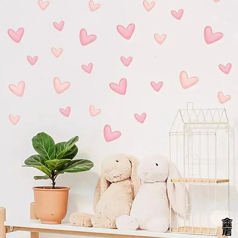 60Pcs Soft Pink Big Small Heart Shape Wall Stickers for Waterproof Removable PVC Home Decoration