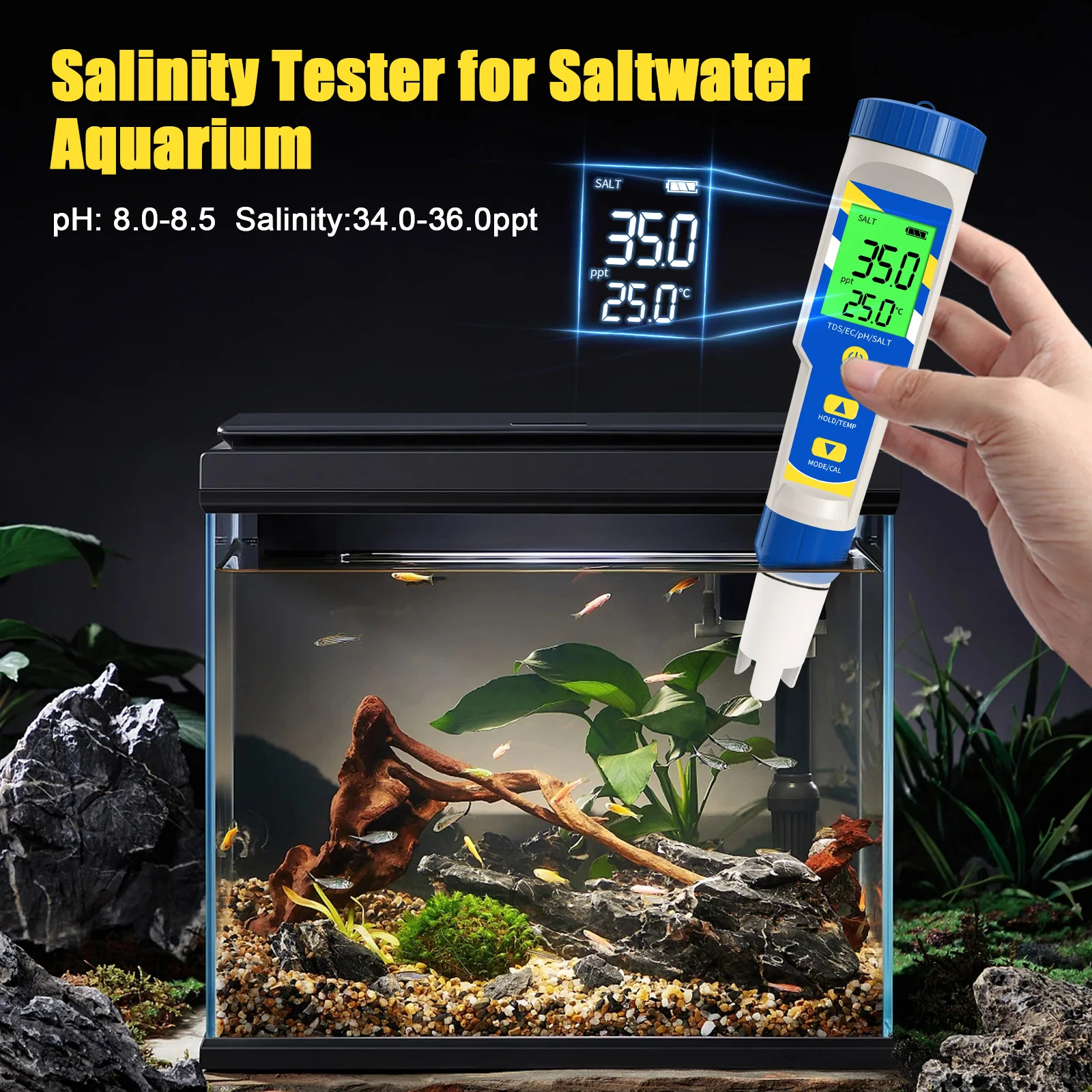 RCYAO 5-in-1 PH/Salinity/Temp/EC/TDS Meter High Accuracy Water Analyzer Digital Pool Salt Tester for Aquarium Hydroponics Spa - Image 3