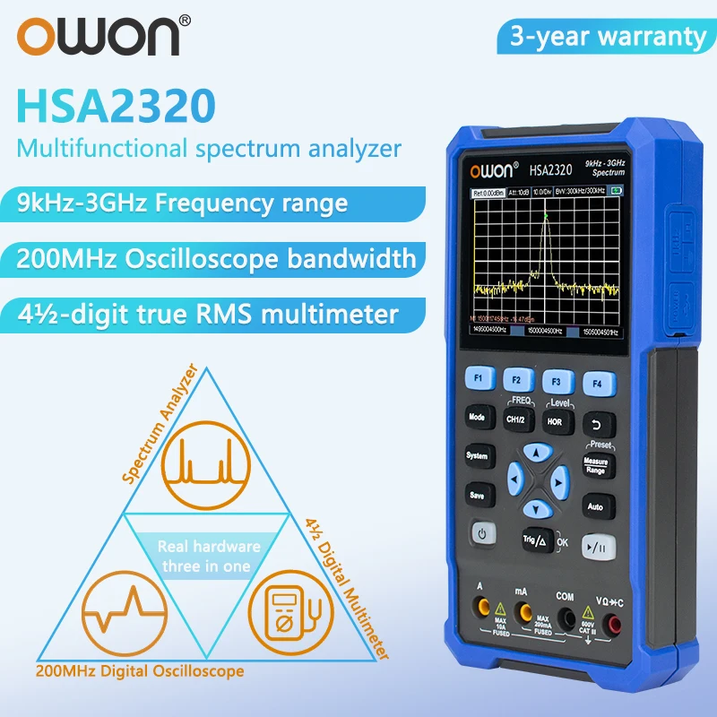 OWON HSA2320 HSA2105 Handheld Spectrum Analyzer, 1.5G/3G Oscilloscope, 50 - 200M Bandwidth Diaital Multimeter, three - in - one