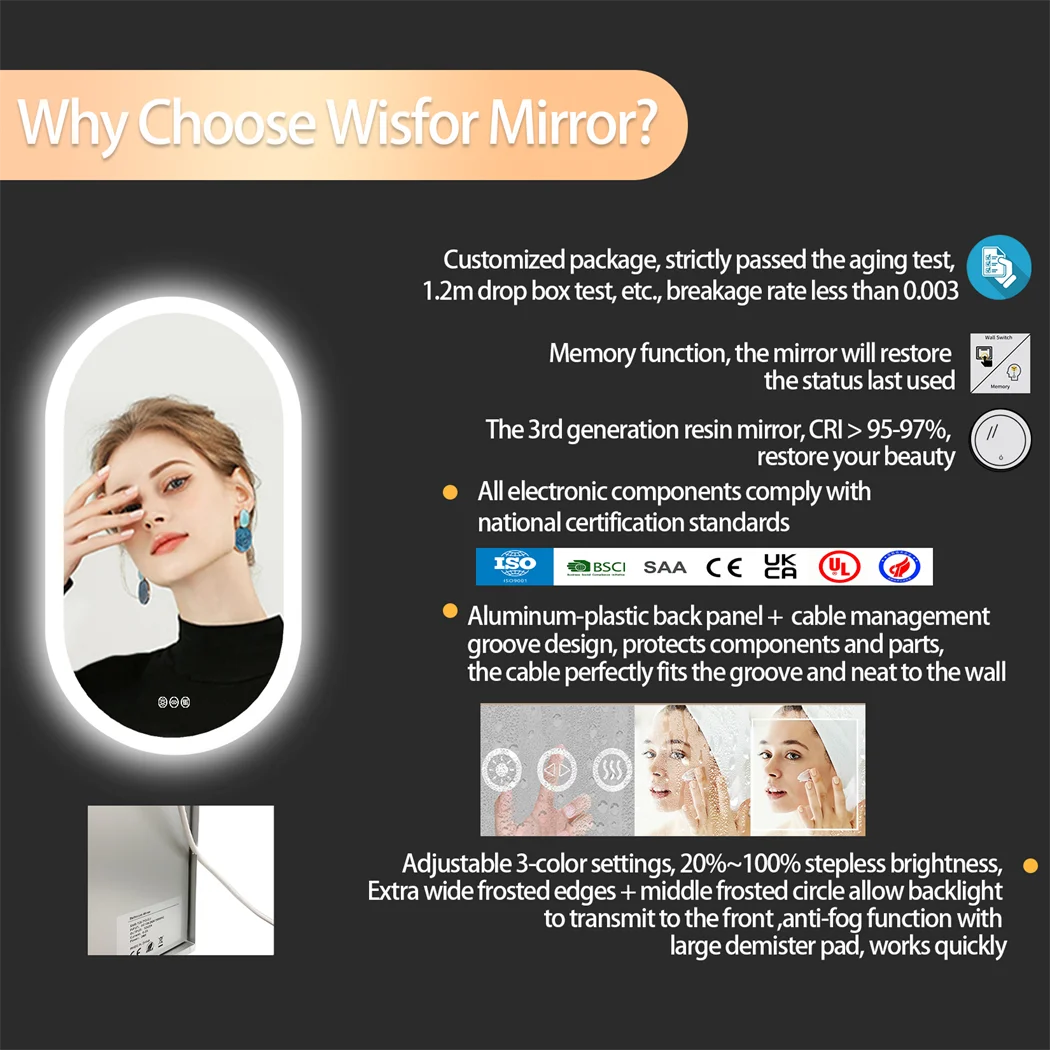Oval LED Bathroom Mirror Smart Mirrors Dimmable 3 Colors Anti-Fog Light Memory IP65 CRI95 Large Wall Mounted Mirror 32 x 20 in - Image 6