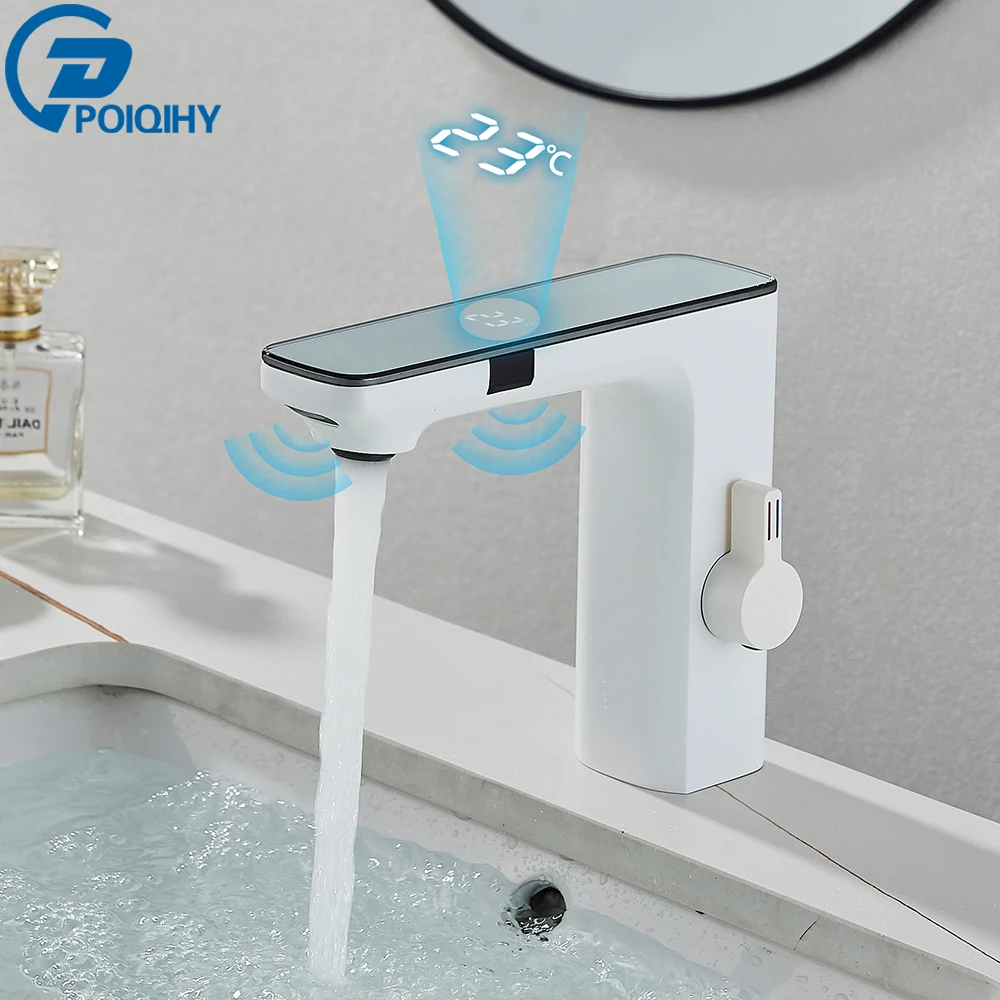 White Smart Sensor Basin Faucet Screen Digital Display Hot Cold Water Mixer Tap Touchless Vanity Sink Faucet For Bathroom