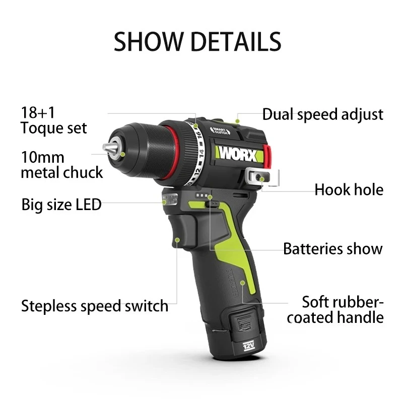 WORX WU135 Cordless Electric Drill 12V 50Nm 1800rpm Brushless Motor Electric Screwdriver Impact Drill Metalworking Smart Cutch - Image 5