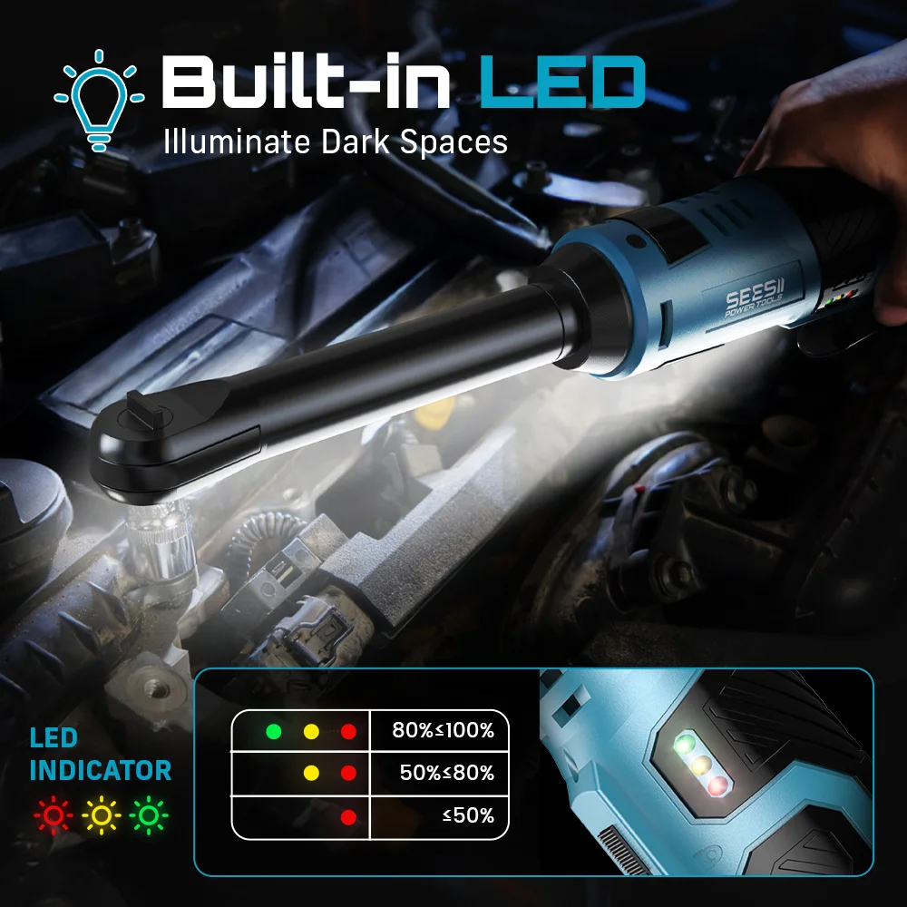 SEESII 6" Extended Ratchet Wrench 3/8"Cordless Electric Wrench 55Nm 12V Rechargeable Angle Wrench Car Repair Tools w/2 Batteries - Image 4