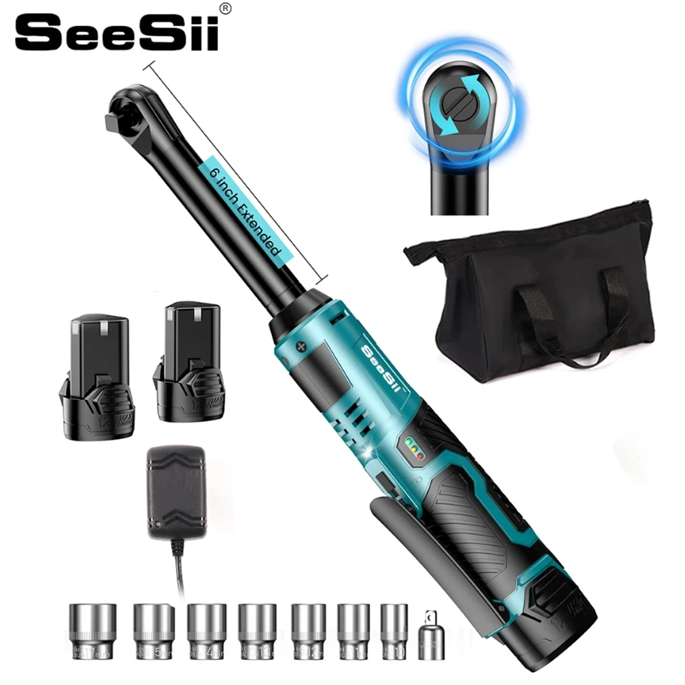 SEESII 3/8"Cordless Ratchet Wrench 55Nm Electric Wrench with 6" Extended 12V Rechargeable Angle Wrench Car Repair Power Tools