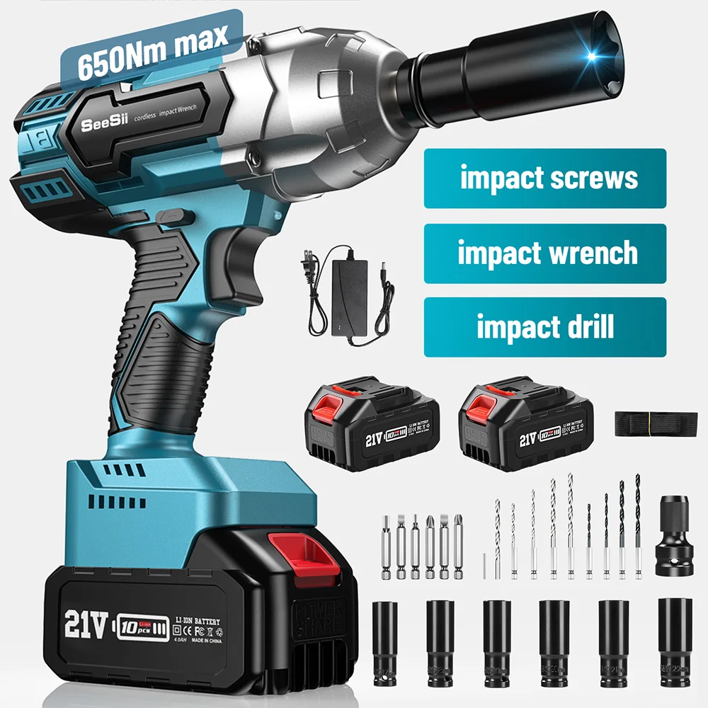Seesii Impact Wrench 960Ft-lbs Brushless Impact Gun 1300NM High Torque 1/2 2X 5.0Ah Battery Cordless Impact Wrench for Truck