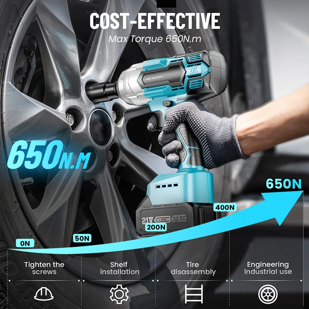 Seesii Impact Wrench 960Ft-lbs Brushless Impact Gun 1300NM High Torque 1/2 2X 5.0Ah Battery Cordless Impact Wrench for Truck - Image 3