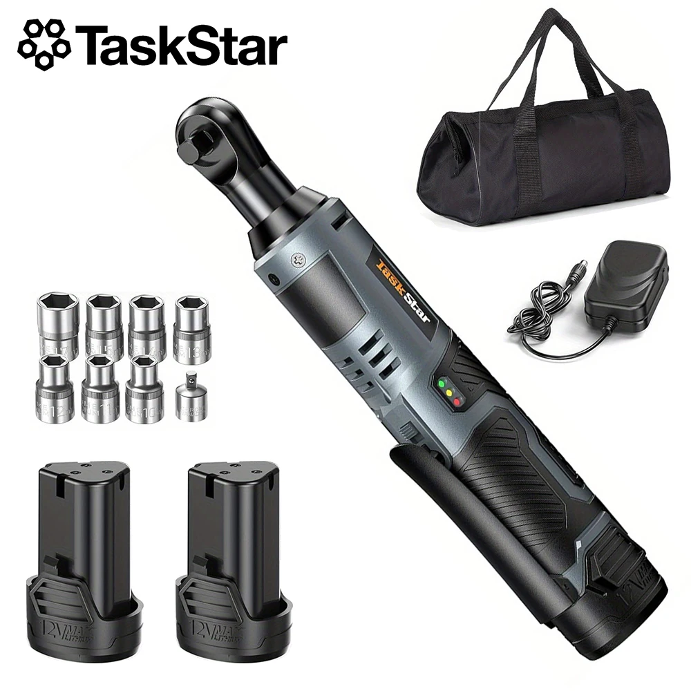 TaskStar 3/8" Cordless Ratchet Wrench 40Nm w/Variable Speed Trigger&2 2.0Ah Batteries 12V 200RPM Electric Wrench Car Repair Tool