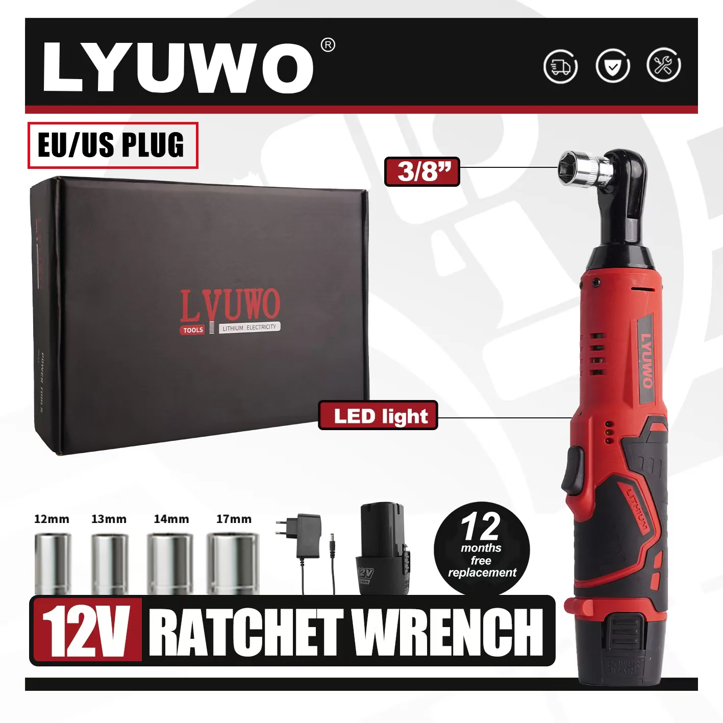 LYUWO 12V Cordless Right Angle Electric Wrench 45NM 3/8 Inch Ratchet Wrench Disassembly Nut Car Maintenance Tool With 4 Sockets
