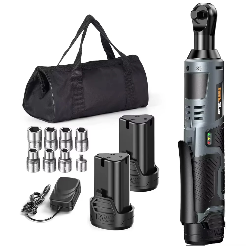 TaskStar Electric Ratchet Wrench 200RPM Variable Speed Trigger 40Nm Cordless Ratchet Wrench Kit 12V 2*2.0 Ah Batteries Powered
