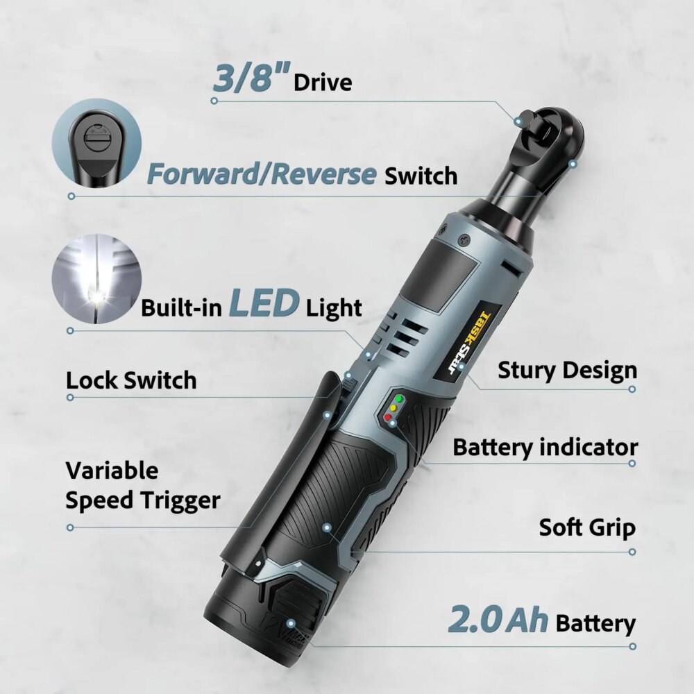 TaskStar 3/8 Inch Electric Ratchet Wrench 40Nm Cordless Wrench 200RPM with Variable Speed Trigger 12V Charger 2×2.0Ah Batteries