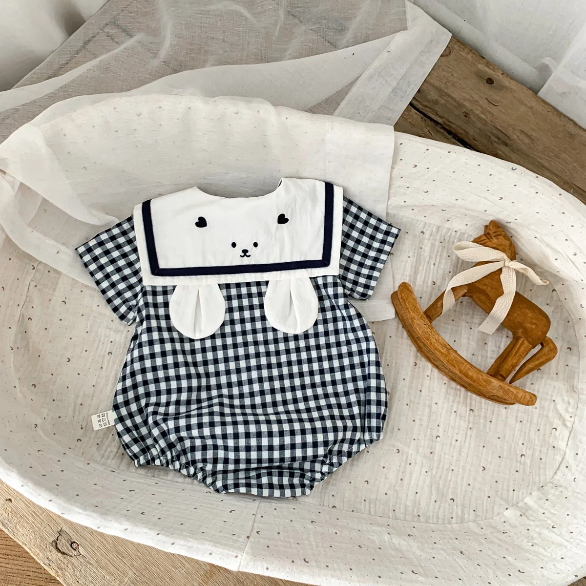 Summer New In Infant Baby Girls Short Sleeve Plaid Bear Outwear Kids Cotton Clothing One-pieces Newborn Cute Bodysuits 유아복 - Image 5