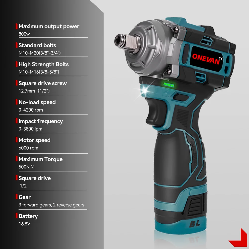 ONEVAN 800W Brushless Electric Impact Wrench 1/2inch Cordless Portable Electric Wrench Screwdriver Tools Lithium-Ion Battery - Image 3