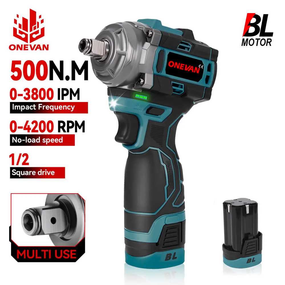 ONEVAN 800W Brushless Electric Impact Wrench 1/2inch Cordless Portable Electric Wrench Screwdriver Tools Lithium-Ion Battery