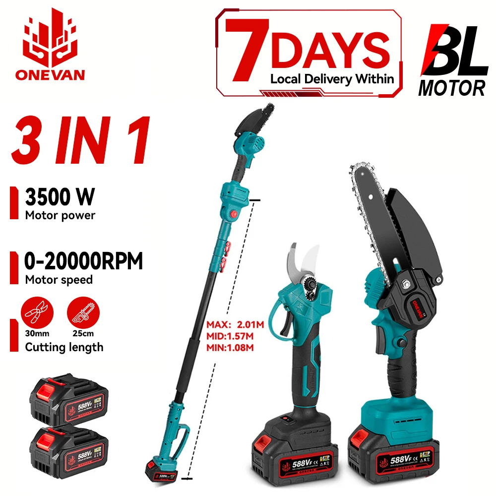 ONEVAN 3500W 2in1 Brushless High Branch Saw Chainsaw & Pruning Shears Garden Tool With Telescoping Pole For Makita Battery Pin