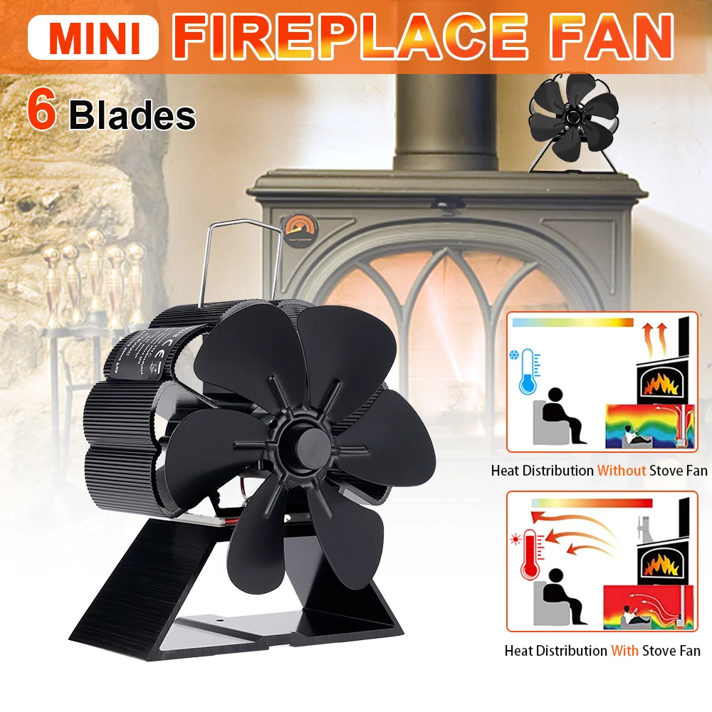 6 Blades Mini Fireplace Fan with thermometer Heat Powered Stove Fan Wood Log Burner Eco Quiet Energy Saving Heater Winter Warm