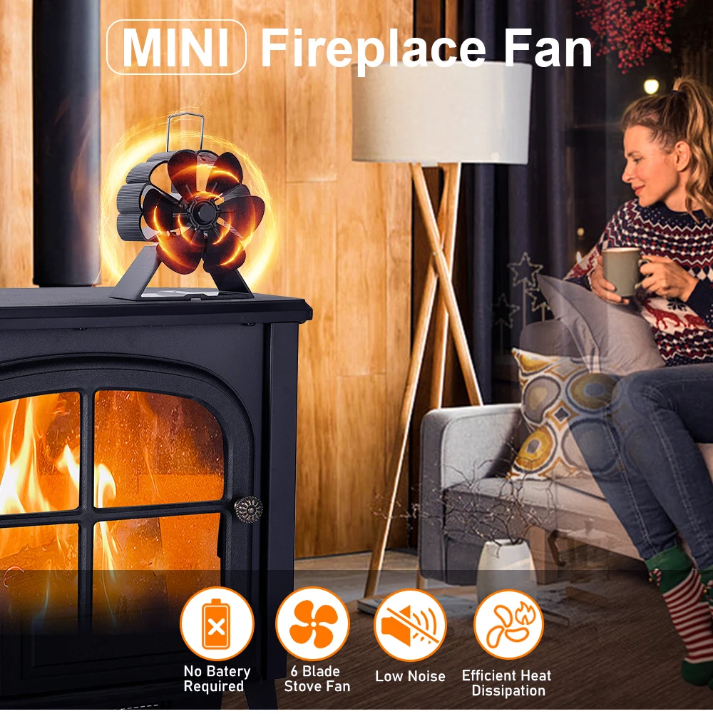 6 Blades Mini Fireplace Fan with thermometer Heat Powered Stove Fan Wood Log Burner Eco Quiet Energy Saving Heater Winter Warm - Image 6