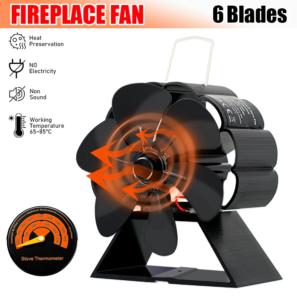 6 Blades Mini Fireplace Fan with thermometer Heat Powered Stove Fan Wood Log Burner Eco Quiet Energy Saving Heater Winter Warm - Image 3