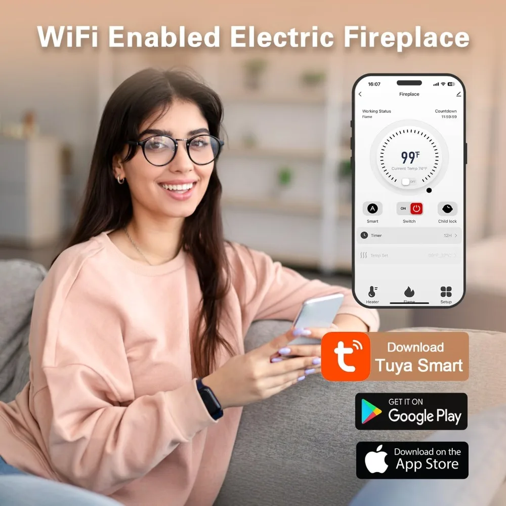 60’’ Smart WiFi Electric Fireplace Heater, Wall Mounted & Recessed Electric Fireplace Insert w/Timer, Child Lock, - Image 3