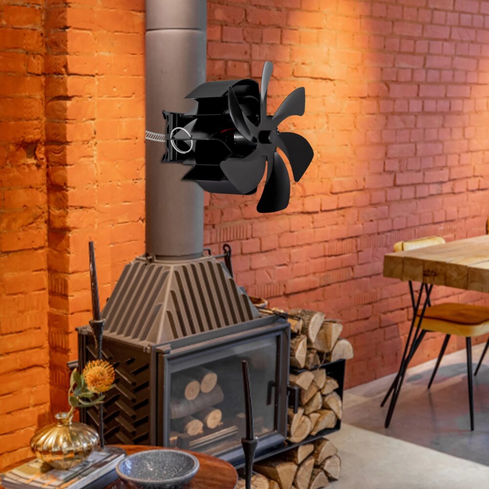 Stove Fan 6 Blades Heat Powered Fireplace Fan with Silent Motor Horizontal Air Flow for Wood Pellet Gas Stove Chimney Pipe Fan
