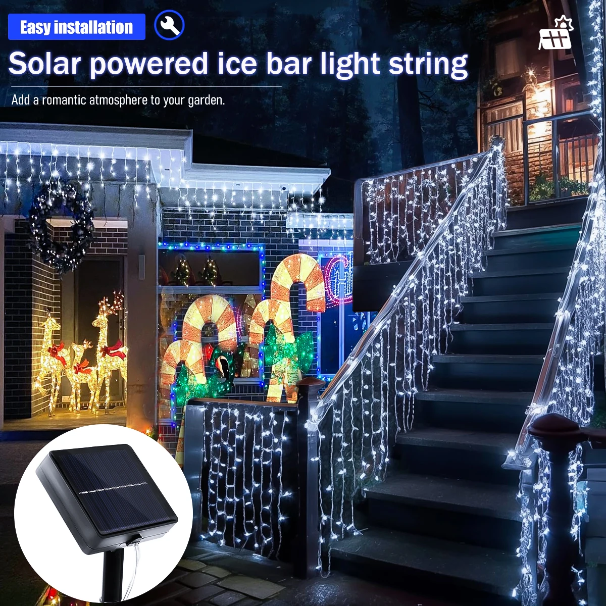 Solar LED Eaves Icicle String Lights 8 Lighting Modes Outdoor Waterproof Christmas Decorations Fairy Lights for Yard Garden - Image 2