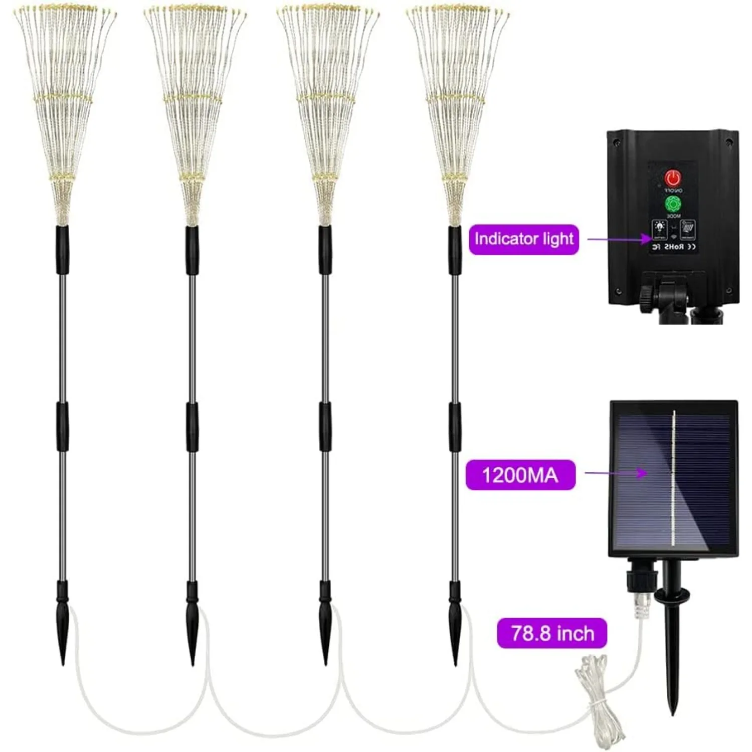 4 Pack Solar Firework String Lights - IP65 Waterproof 8 Modes w/Remote, Outdoor Christmas Decor for Garden/Patio/Party - Image 2