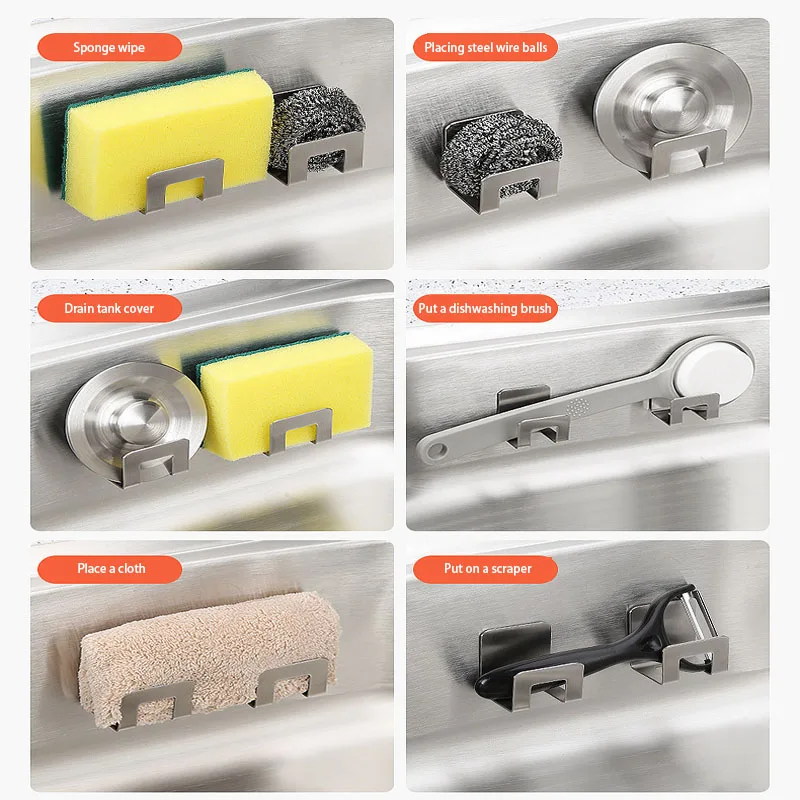 Stainless Steel Sink Tray Drainer Rack Kitchen Sink Sponge Holders Self Adhesive Hook Storage Holder Kitchen Wire Rag Organizer - Image 5