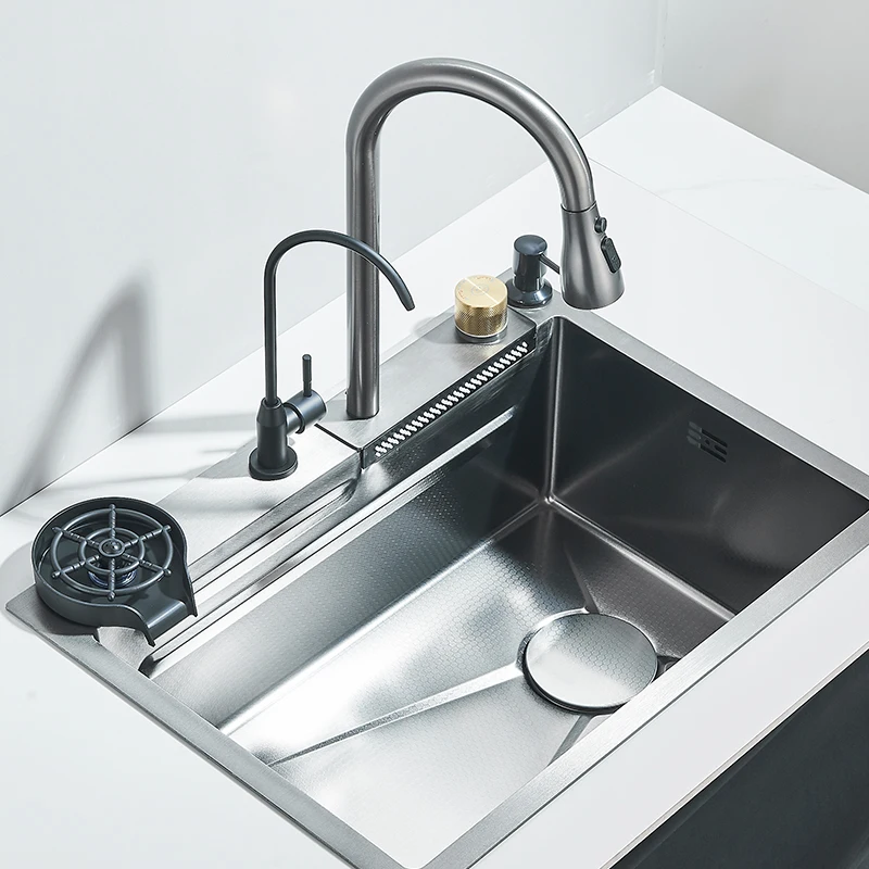 304Stainless Steel Waterfall Kitchen Sink Large Single Slot Integrated 60X45cm Faucet Set Soap Dispenser/Pure Water/Cup Washer - Image 4
