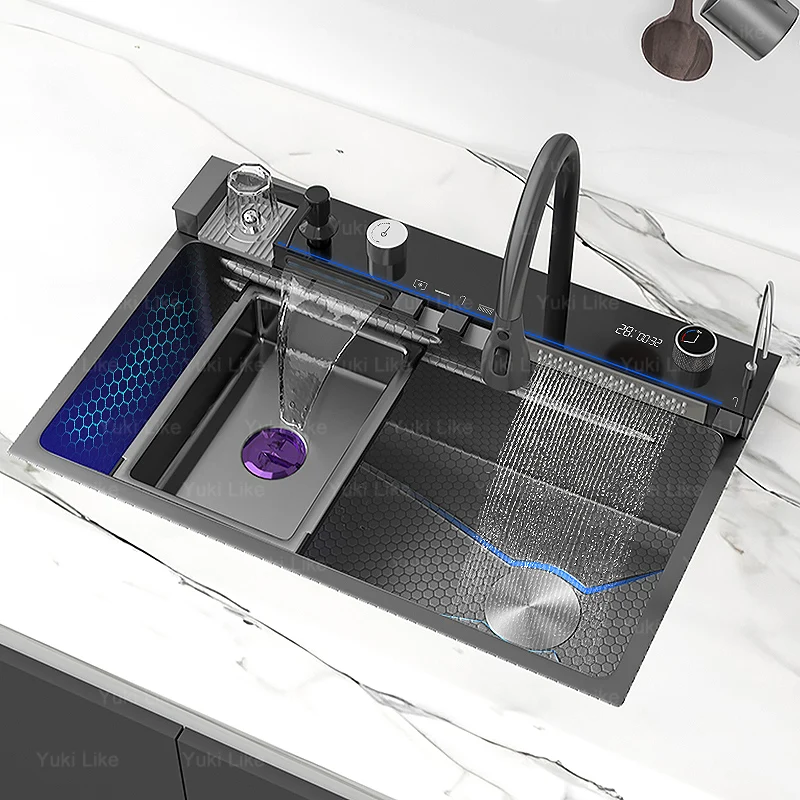 Stainless Steel Waterfall Kitchen Sink Extra Large Single Slot Digital Display Faucet Set Cup Washer Wash Basin 100*50cm - Image 5