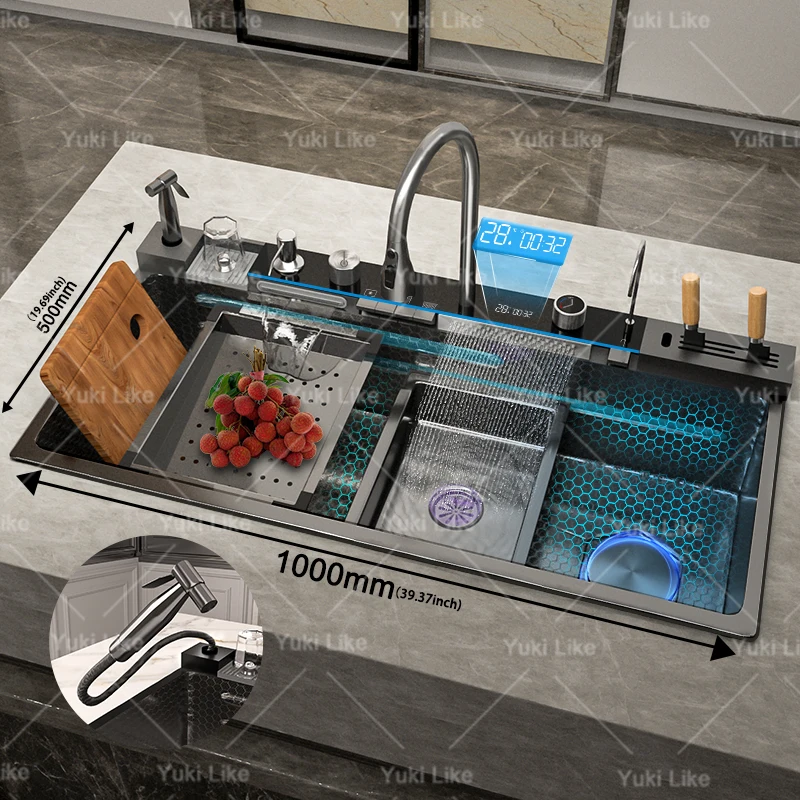 Stainless Steel Waterfall Kitchen Sink Extra Large Single Slot Digital Display Faucet Set Cup Washer Wash Basin 100*50cm - Image 4