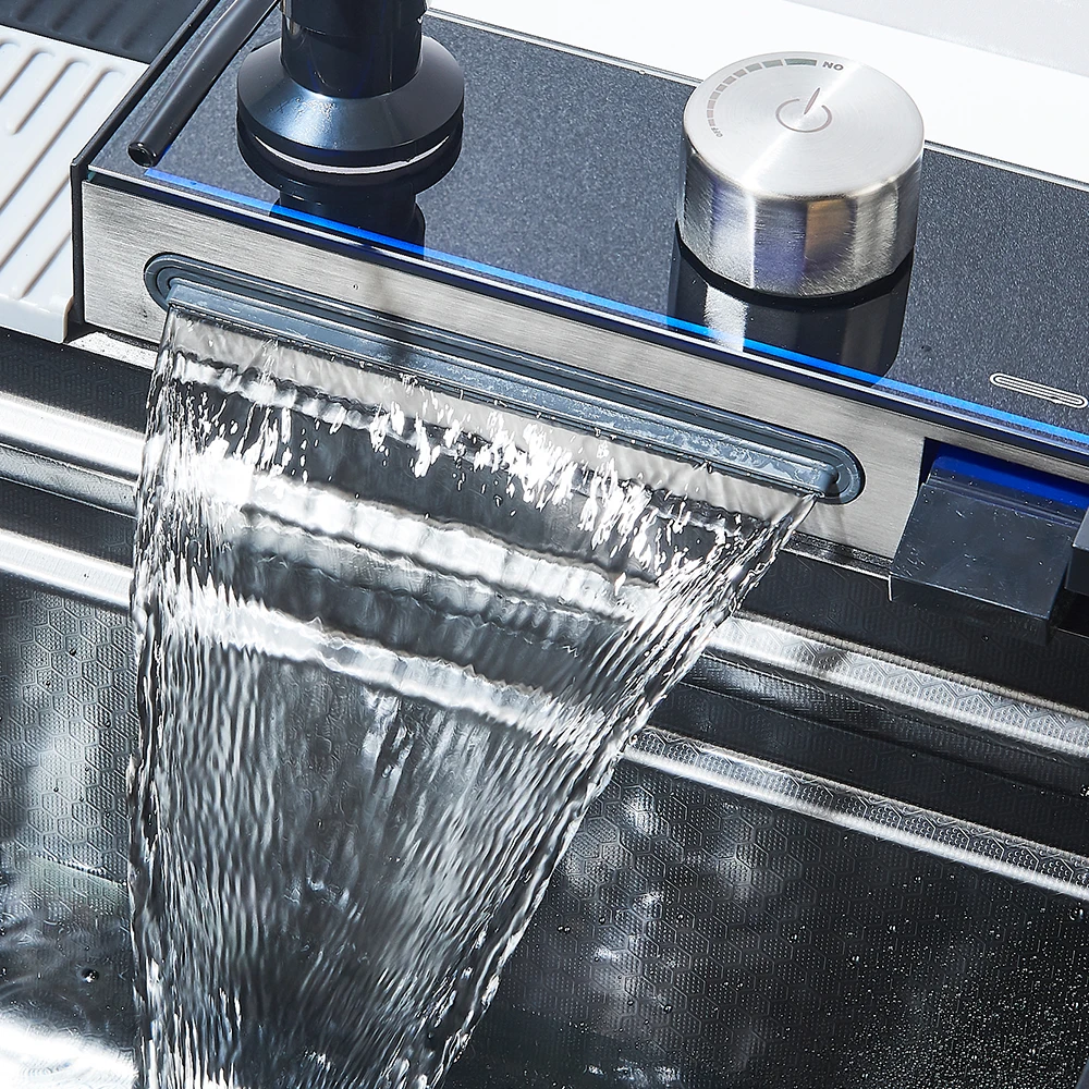 304 Stainless Steel Waterfall Kitchen Sink Large Single Slot Integrated Digital Display Faucet Set Soap Dispenser 75*45cm - Image 5