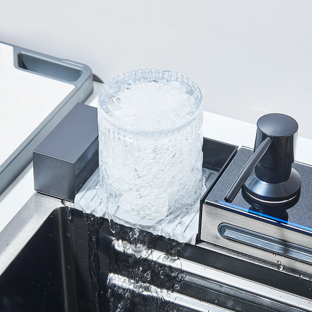 304 Stainless Steel Waterfall Kitchen Sink Large Single Slot Integrated Digital Display Faucet Set Soap Dispenser 75*45cm - Image 6