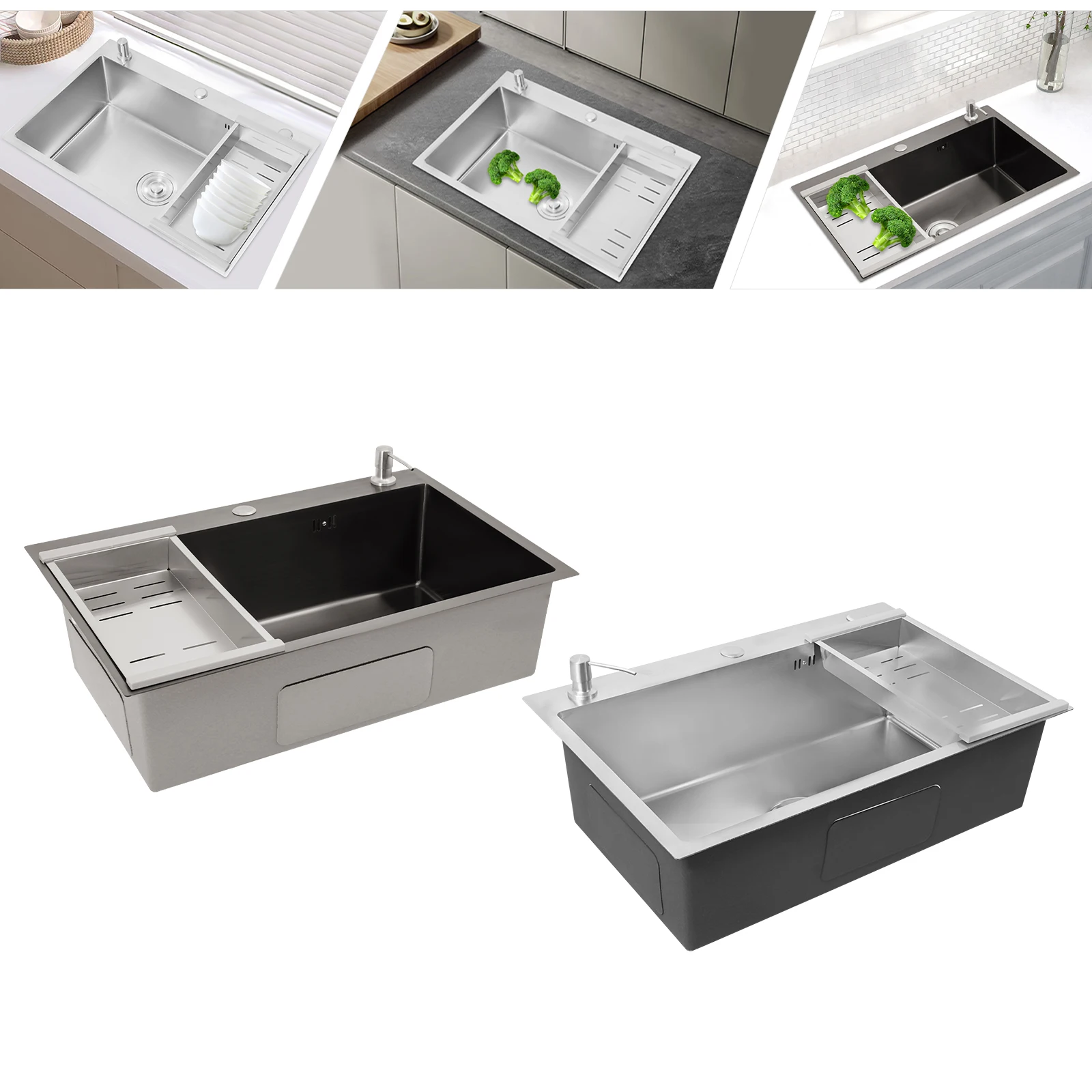 68×45cm Sink with V-shaped Drainer and Drain Basket and Soap Dispenser Anti-overflow Kitchen Sink Stainless Steel Sink - Image 3