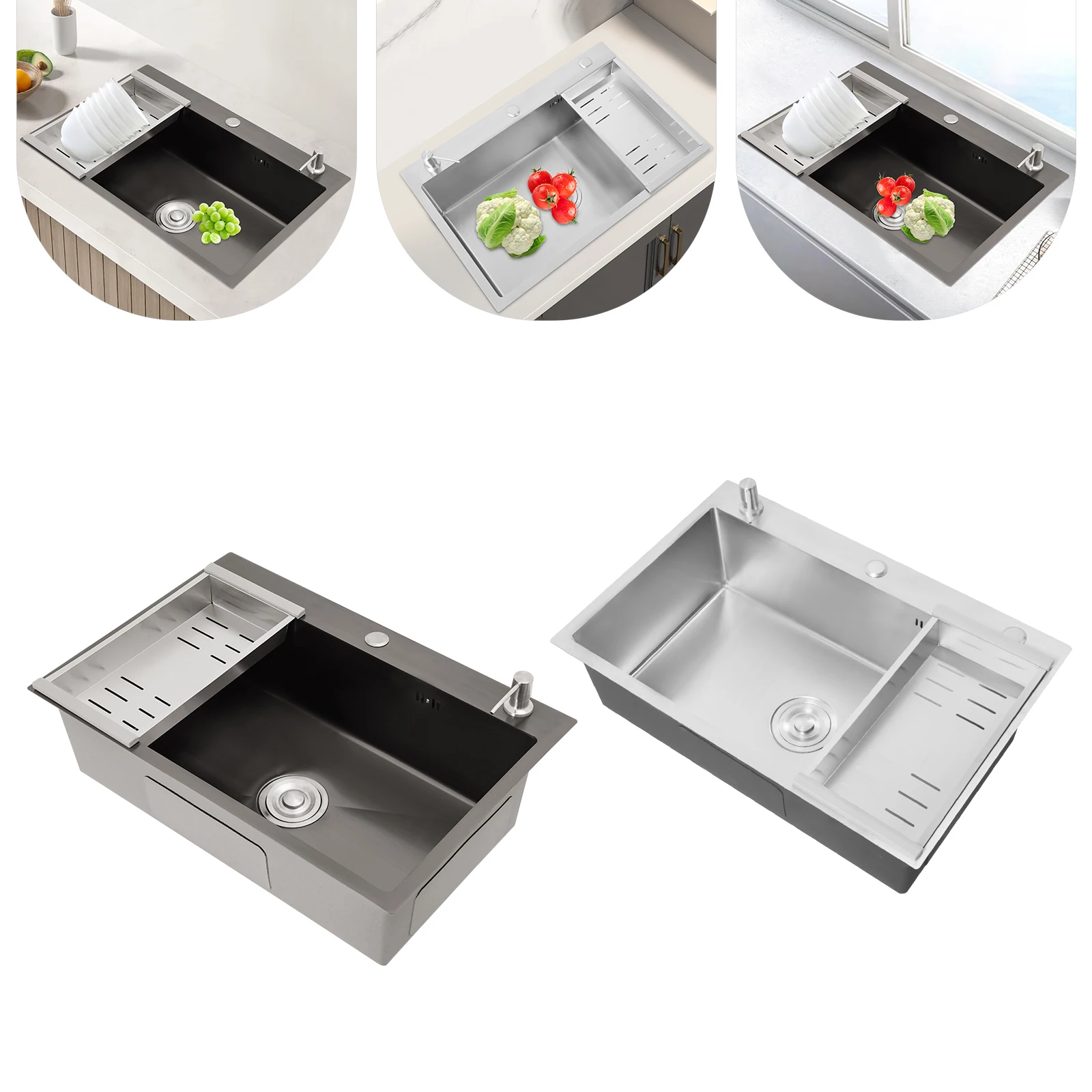 68×45cm Sink with V-shaped Drainer and Drain Basket and Soap Dispenser Anti-overflow Kitchen Sink Stainless Steel Sink - Image 6