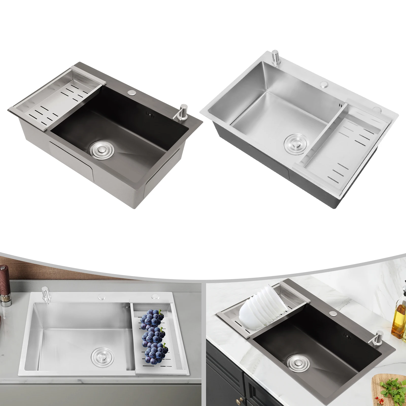 68×45cm Sink with V-shaped Drainer and Drain Basket and Soap Dispenser Anti-overflow Kitchen Sink Stainless Steel Sink - Image 4