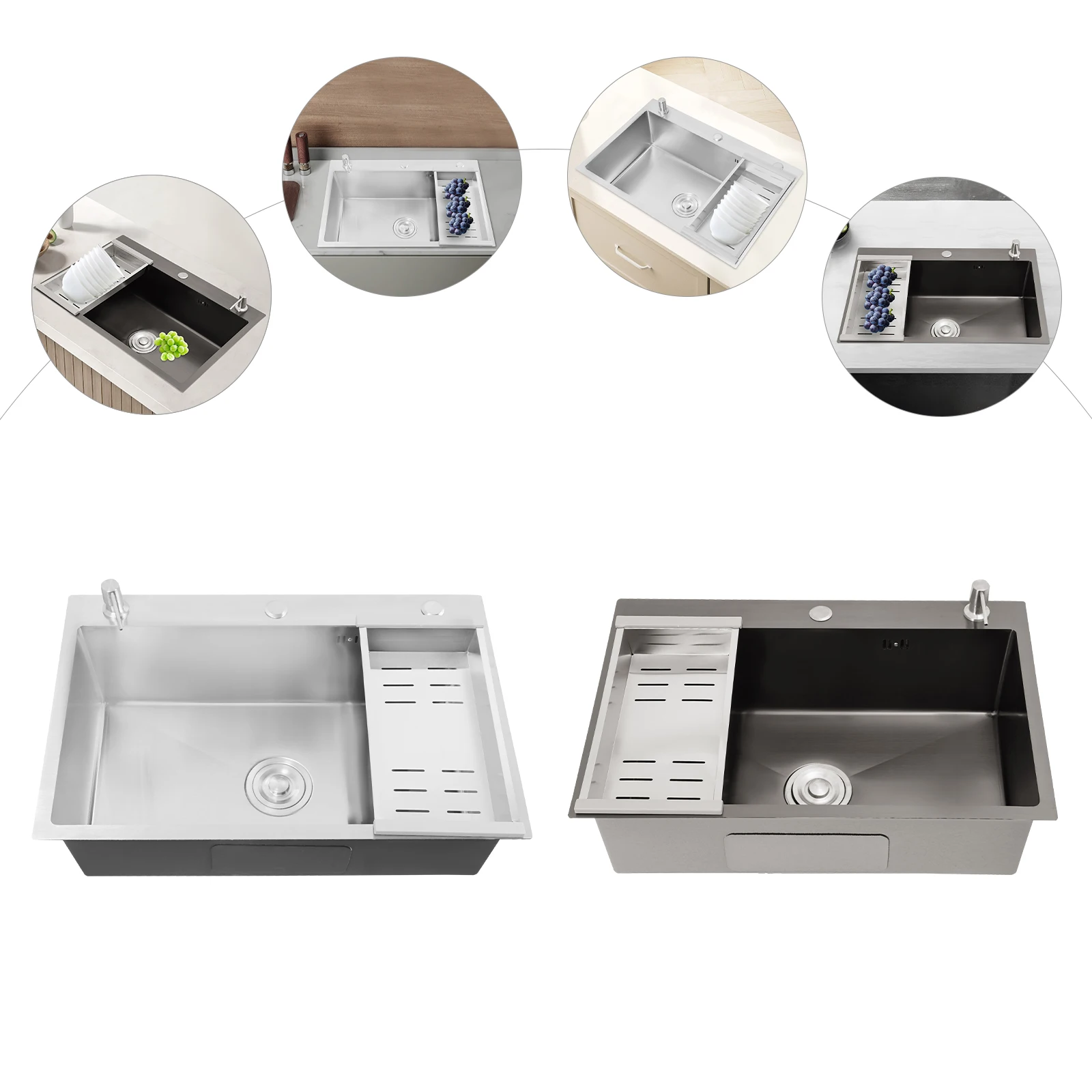 68×45cm Sink with V-shaped Drainer and Drain Basket and Soap Dispenser Anti-overflow Kitchen Sink Stainless Steel Sink - Image 2