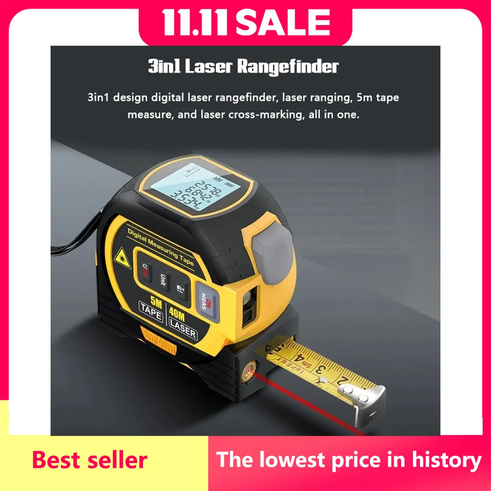 3 in 1 Laser Rangefinder 5M Tape Measure Ruler LCD Display with Backlight Distance Meter Building Measurement Device