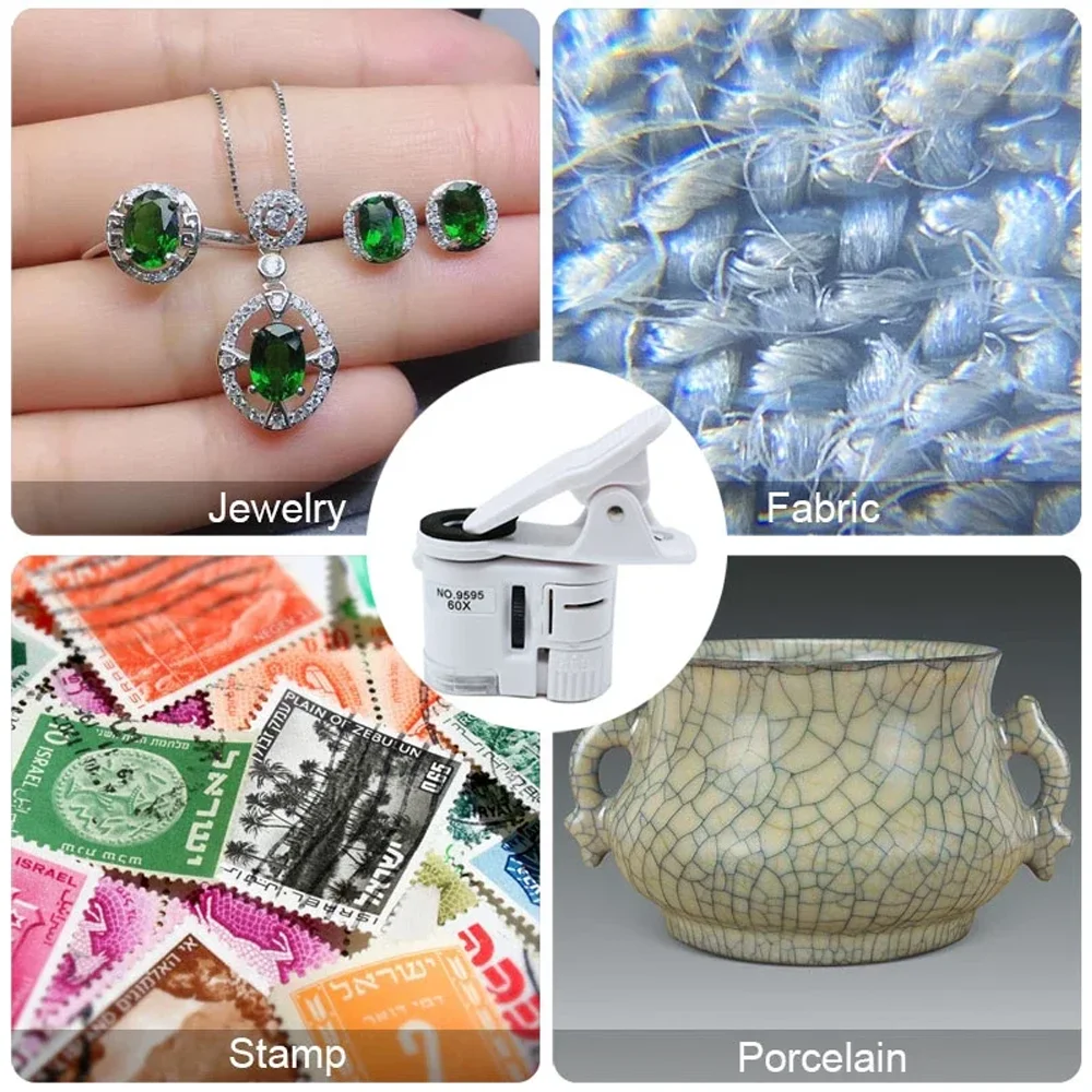 Universal Clip Microscope LED Jewelry Magnifying Glass Focusing Adjusted Pocket Microscope with Cell Phone Clip UV Light 60X - Image 4