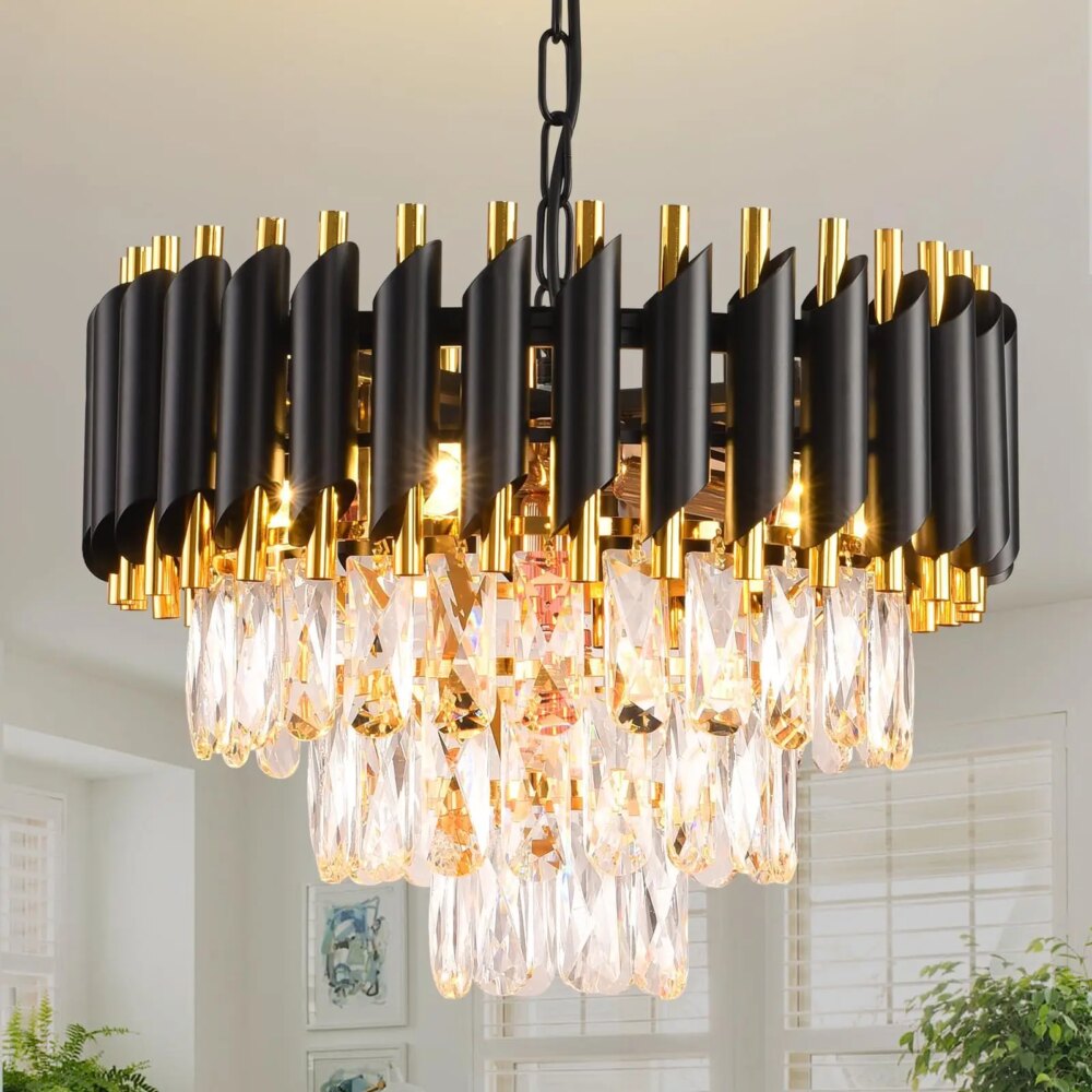 Black and Gold Crystal Chandelier Pendant Light Fixture Flush Mount Ceiling Lighting 3 Tiers Modern Crystal Chandeliers