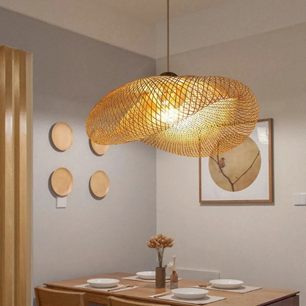 40/60/80cm Bamboo Weaving Chandelier Unique Home Decor LED Pendant Light Handmade Vintage Ceiling Lamp for Dining Living Room
