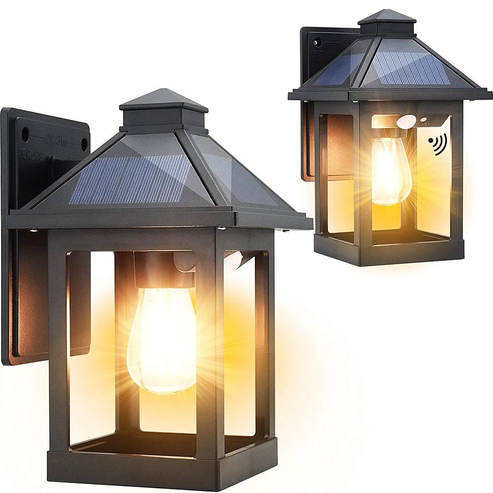 2pcs Solar Powered Wall Lanterns with 3 Modes Dusk to Dawn Motion Sensor LED Sconce Lights Exterior Front Porch Security Lamps
