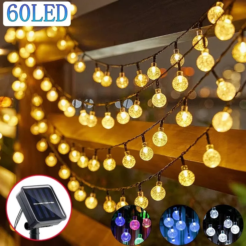 Solar Crystal Globe LED String Lights 60 LED 8 Lighting Modes IP65 Fairy Light Christmas Garland for Garden Party Decor 1pc/2pcs